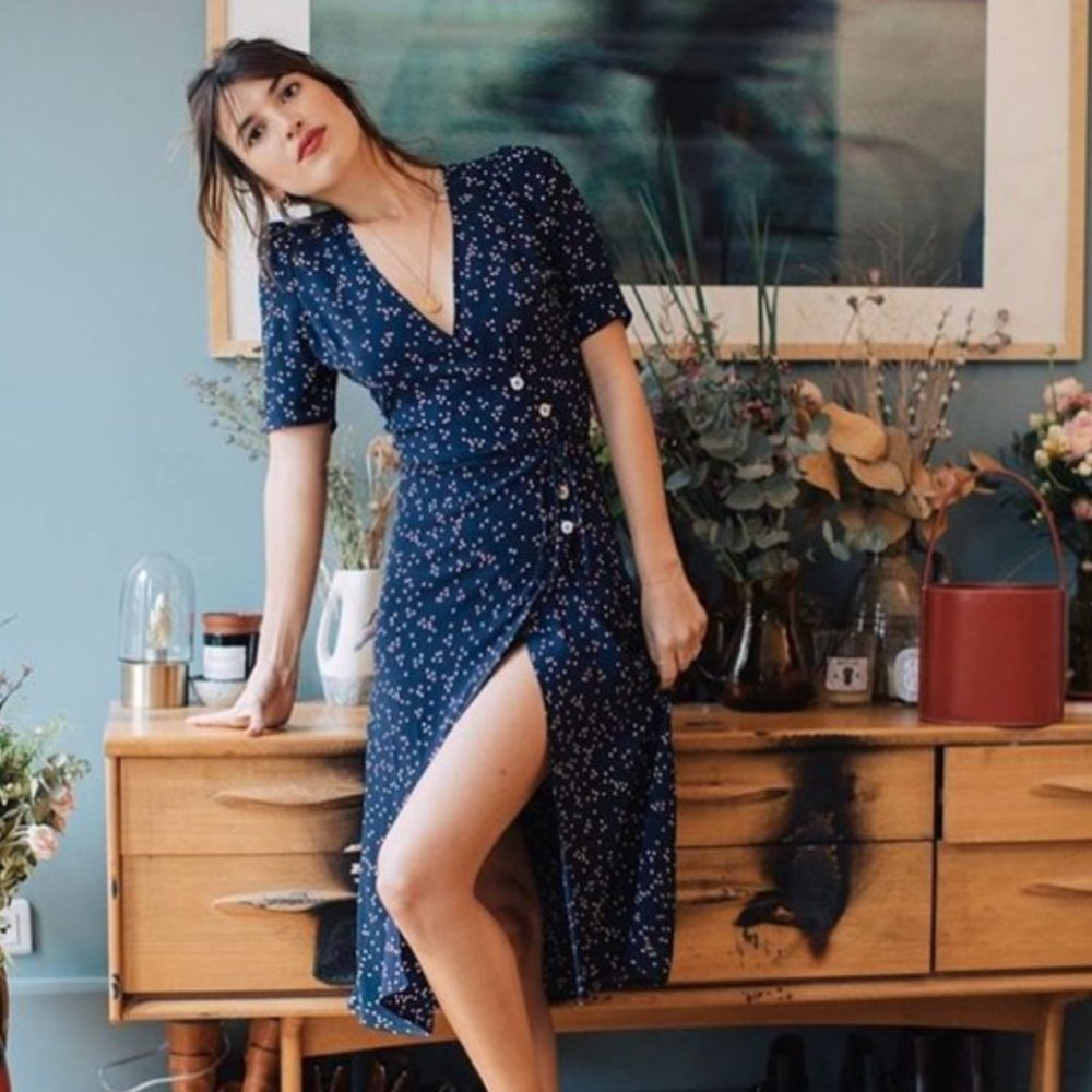 RARE Rouje Paris Gabin Navy Polka Dot Midi Wrap Dress 38